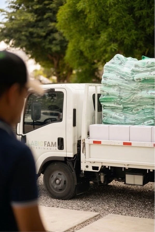 Camión de Labiofam con sacos de núcleos listo para entregar